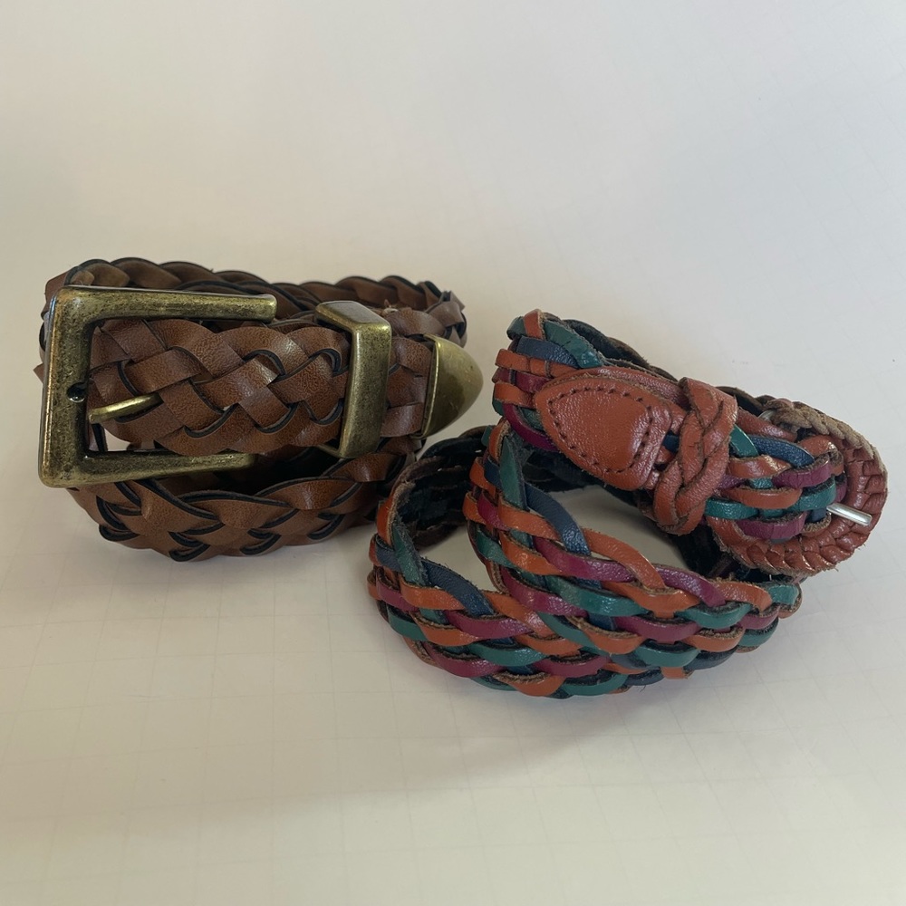 2 BRAIDED LEATHER BELTS UNISEX BROWN GOLD BUCKLE 37” RAINBOW PINK BLUE GREEN 34”